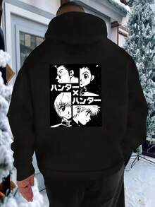 Sudadera con Capucha de Patrón de Anime para Hombres - Suave y Cálida con Bolsillos, Texto Japonés e Impresión de Personajes, Ropa de Calle Duradera para Invierno Adecuada para Climas Fríos, Regalo de Navidad Cómodo para Fans (Cuello Redondo Casual, Lavable aáquina, Manga Larga, Ajuste Regular, Diseño de Anime en Blanco y Negro, para Actividades al Aire Libre) - Adecuada para Uso Diario y Exhibiciones de Anime - Negro - Ver 1