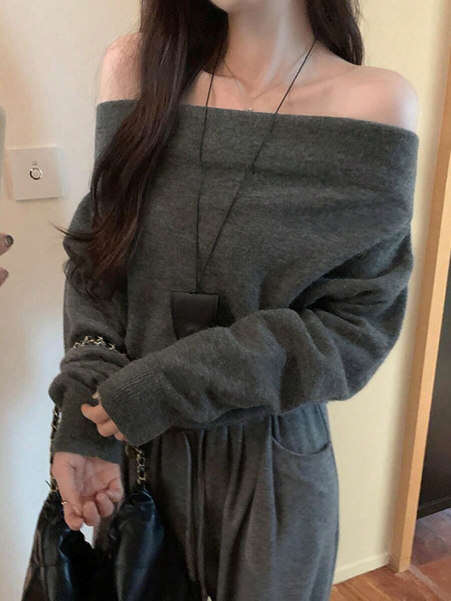 小众露肩宽松针织女式毛衣，休闲风格，适合秋冬春季穿着。 - 灰色 - 查看 1