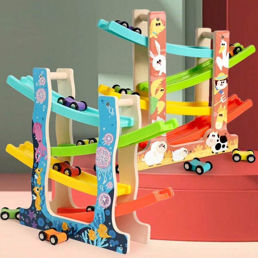Holz Autorennbahn Spielzeug für Kleinkinder, Autorennstrecke Spielzeug mit 6 Mini Autos, Montessori Spielzeug für Kleinkinder, perfektes Geschenk für Jungen und Mädchen, Halloween/Weihnachtsgeschenk!