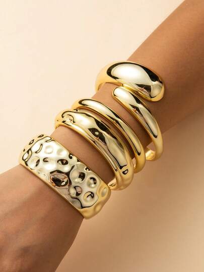 4pcs/Set Vintage Exaggerated Luxurious Geometric Design Wide CCB Gold Bangle Bracelet Set, Casual Everyday Wear, Elegant Holiday Gift