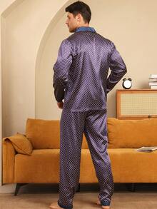 2pcs Men's Polka Dot Pattern Contrast Collar Pajama Set, Long Sleeve Top And Long Pants, Suitable For Spring, Summer, Autumn And Winter - Multicolor - View 2