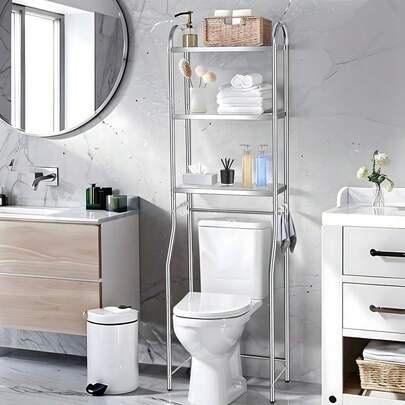 Organizador de 3 niveles de acero inoxidable para sobre el inodoro con 4 ganchos y base ajustable, organizador de espacio sobre el inodoro para baño y aseo