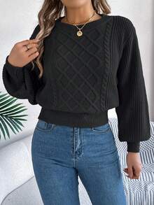 Lässiger Grundkabel-Strickpullover mit Langarm, Herbst/Winter - Schwarz - Übersicht 4