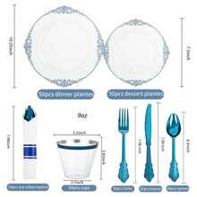Blue Plastic Plates Disposable Set - 350pcs Party Dinnerware, 10.25" Dinner & 7.5" Dessert Plates, Silverware & Cups - Wedding & Event Supplies - 如圖/C - 查看 4