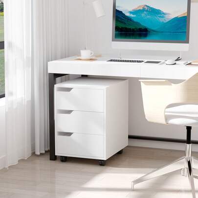HOMCOM 3 Drawer File Cabinet, Mobile Vertical Filing Cabinet With Wheels, Printer Stand With Storage For Home Office, White