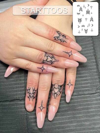 STARTTOOS Tatuajes temporales minimalistas de línea fina con pequeños patrones estilo Y2K, DIY para festivales de anime, carnavales, festivales de música, San Valentín, regalos para fiestas y vacaciones, adecuados para dedos, orejas, hombros, cuello, clavícula, resistentes al agua y con apariencia realista