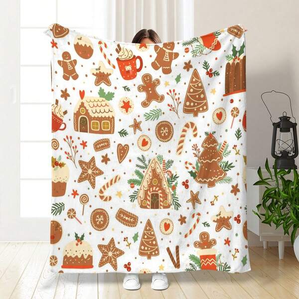 1 Peça Cobertor de Flanela com Impressão Digital de Tema de Natal com Árvore de Natal, Papai Noel, Casa, Doces, Padrões de Coração, Macio e Aconchegante para Casa, Viagem, Cochilo no Escritório, Melhor Presente