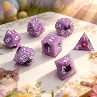 7pcs/Set Resin Polyhedral Dice, Purple Overall With Black Cat Pattern, Suitable For Family Outdoor Gatherings, Various Holiday Gifts, With Storage Box