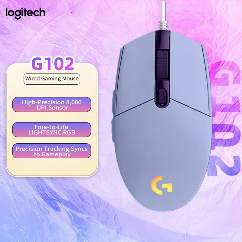 Logitech Ratón de juego con cable G102 | Ultraligero de 79g | Seguimiento sin latencia | 6 botones programables | Diseño ergonómico para manos medianas/pequeñas | Iluminación RGB personalizable | Micro-interruptor silencioso compatible para uso de oficina, morado - Morado - Ver 1