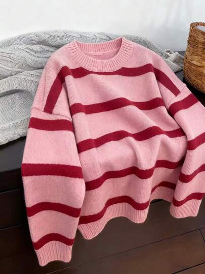 Women's Bright Striped Knit Long Sleeve Sweater, Soft & Comfortable Casual Pullover Top, Autumn/Winter