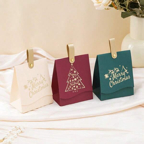1pc Christmas Candy Bag Gift Bag - Leather Handle Bag, Packaging Bag Looks High-End, Christmas Tree, Reindeer And "Merry Christmas" Elements, Golden Pattern, Classic Red And Green For Christmas, Festive Atmosphere, Suitable For Packaging Reusable Shopping Bags, Christmas Gifts, Party Gifts, New Year Gifts