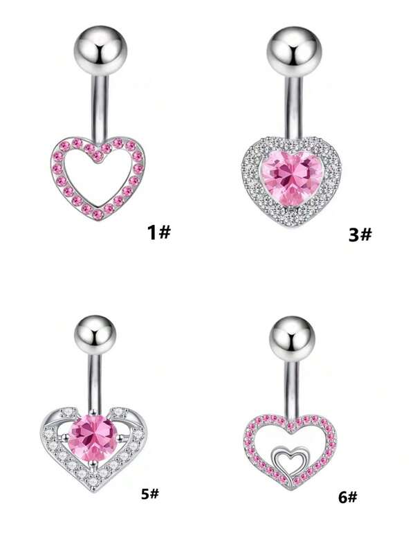 1pc Skin-Friendly Hypoallergenic Titanium Steel Navel Ring, Rhinestone Flower & Butterfly Decor Navel Piercing Jewelry, Pink Heart Zirconia Belly Button Ring