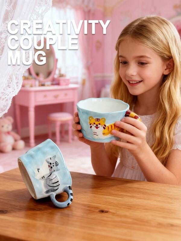 1 Peça Caneca de Café com Gato Fofo Pintado à Mão em Estilo Cartoon, Xícara de Chá da Tarde Cerâmica Colorida com Decoração Subvidrada, Caneca Criativa de Alto Valor para Casais