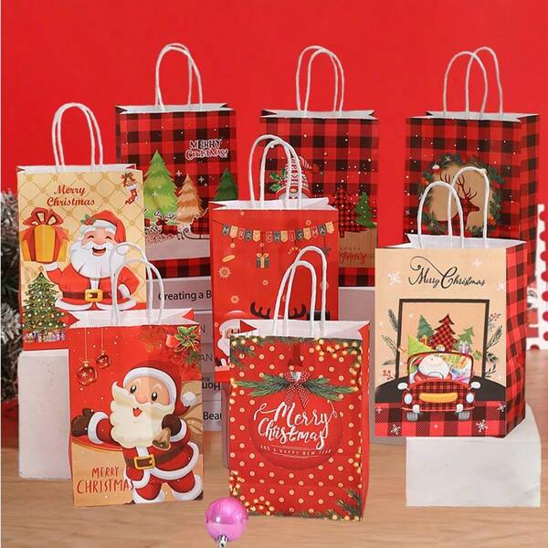 12pcs/Set 21*15*8CM Christmas Plaid Pattern Gift Bags With Snowman & Reindeer Designs, Handy For Christmas Eve Gifts