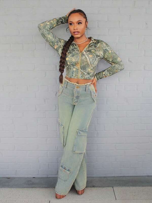 Steph T Einfaches, lässiges Damen T-Shirt mit Zweigmuster, ganzflächig Muster, dehnbar, mit Reißverschluss am Stehkragen, V-Ausschnitt und engen Langärmeln für Herbst-Winter - E