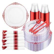 Red Plastic Plates Disposable Set - 350pcs Party Supplies For 50 Guests, 10.25" Dinner & 7.5" Dessert Plates, Silverware, Cups - Wedding & Party Tableware - 如圖/M - 查看 1