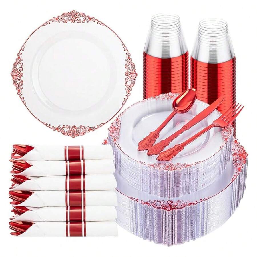Red Plastic Plates Disposable Set - 350pcs Party Supplies For 50 Guests, 10.25" Dinner & 7.5" Dessert Plates, Silverware, Cups - Wedding & Party Tableware - 如圖/M - 查看 1