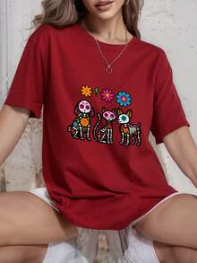 Playeras graciosas y casual playera calavera Playeras mujer de calaveras de perros y gatos con flores coloridas para Día de Muertos,Playeras graciosas mujer,Camiseta impresa mariposa negra camiseta de manga corta cuello redondo casual ropa de mujer grande,playera oversize estampada,Regalo Perfecto - Rojo - Ver 1