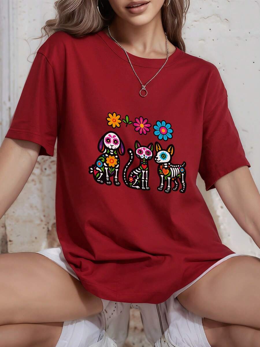 Playeras graciosas y casual playera calavera Playeras mujer de calaveras de perros y gatos con flores coloridas para Día de Muertos,Playeras graciosas mujer,Camiseta impresa mariposa negra camiseta de manga corta cuello redondo casual ropa de mujer grande,playera oversize estampada,Regalo Perfecto - Rojo - Ver 1