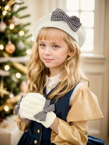 2pcs/Set Houndstooth Bow Knit Beret Hat & Faux Fur Lined Gloves Set, Fashionable, Vintage, Comfortable, Thin, Suitable For Early Winter, Girls & Toddlers, Black