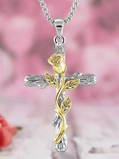 Luxuriöser zweifarbiger Rosenkreuz-Anhänger-Halskette, Blumen-Blatt-Anhänger-Kette, Vintage-Stil Lebensbaum-Kreuz, Paar-Glaubens-religiöser Schmuck, Geschenk für Frauen zu Valentinstag, Hochzeit, Party, christliche Taufe