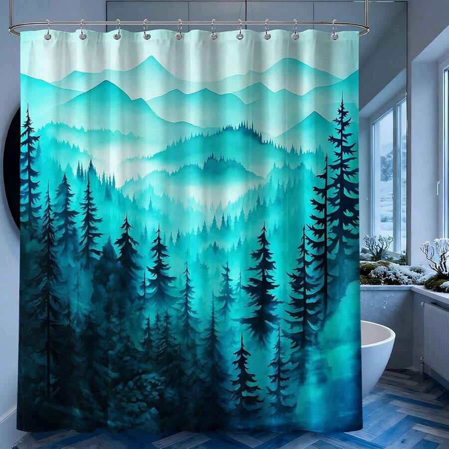 Dark Teal Forest Shower Curtain Teal Blue Turquoise Shower Curtains For Bathroom, Waterproof Polyester Fabric With Hooks,60''W X 72''L{"Color_name":"Teal","Size_name":"60\"Wx72\"L(Packof1)"} - 多色20 - 查看 1