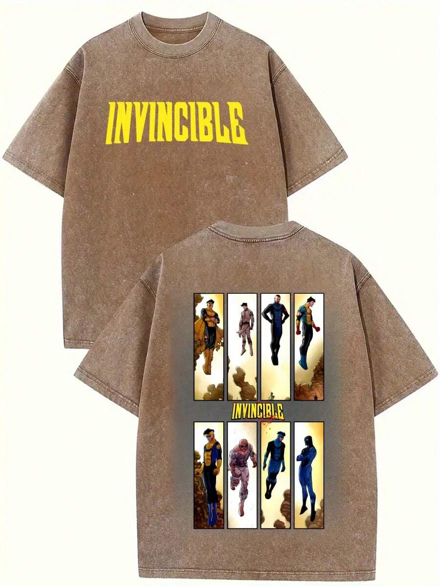Men's Invincible Comics Graphic T-Shirt - Casual Short-Sleeve Superhero Fan Top With "INVINCIBLE" Print, Desert Vibes Design, Machine Washable, Perfect For Cosplay & Casual Attire, Everyday Tshirt| Regular Fit Shirt| Easycare Fabric, Comic Book - 卡其色 - 查看 1