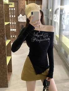 复古美式坏蛋不对称字母水钻缀饰长袖T恤，修身斜肩上衣，适合初秋 - 黑色 - 查看 6