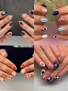 96 chiếc (4 kiểu dáng khác nhau) Móng giả acrylic hình oval, họa tiết da báo, sọc, quả anh đào và ngôi sao, kiểu móng Pháp, vừa vặn hoàn hảo, bộ sản phẩm bao gồm: 1 lọ sơn gel và 1 dũa móng. Móng giả hình ngôi sao và quả bóng số 8 giúp đầu ngón tay bạn tỏa sáng rực rỡ, phù hợp cho các bữa tiệc, khiêu vũ và sử dụng hàng ngày. Dụng cụ làm móng - Nhiều màu - Xem 2