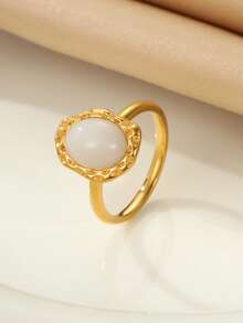 1 件不锈钢金色复古风格白色宝石戒指，适合女性日常装饰 - 金黃色 - 查看 2