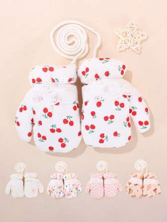 1 para dziewczęcych, uroczych, koronkowych, grubych, ocieplanych, zimowych rękawiczek z nadrukiem halter