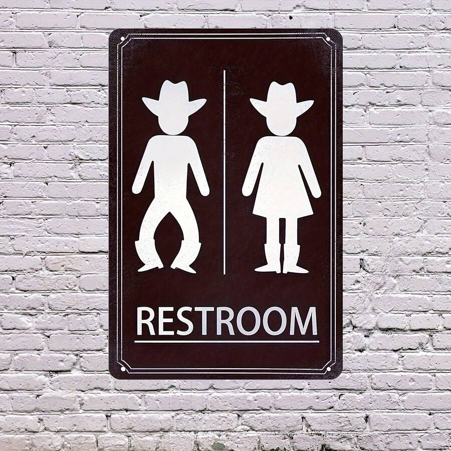 Señal divertida de vaquero y vaquera para el baño - Decoración de pared de metal rústico y occidental, arte de granja vintage para el baño, fácil de colgar, lámina de estaño de 20.32x30.48cm