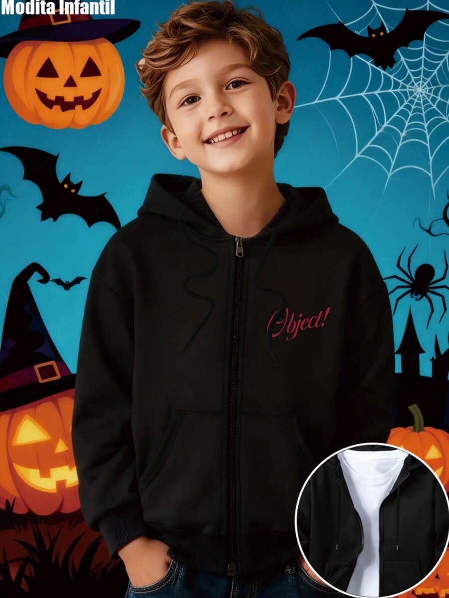 KID005/Chaqueta con capucha para niñosCazadora con cremallera para niño decorada con "Object!" y decorada con elementos festivos de Halloween, perfecta para los eventos de la época - Negro - Ver 1