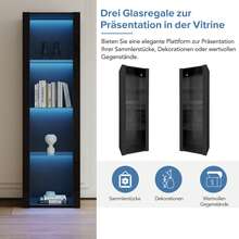 Czarna, błyszcząca gablota ekspozycyjna z oświetleniem LED, 3 przeszklone przegrody, 55*38*166 cm, gablota ekspozycyjna, szafka stojąca, szafka wysoka, szafka do przechowywania