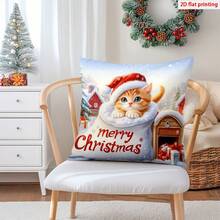 1 Stück Weihnachts-Kissen-Bezug mit Motiv von Weihnachtskatze, Weihnachtsbaum und Schneehäuschen, moderne Stoff-Plüsch-Muster Kissenhülle für Weihnachten, Wohnzimmer, Sofa, Heimdekoration, ohne Füllung