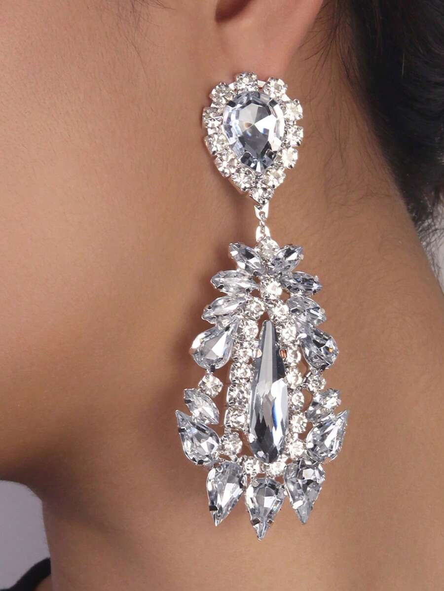 1 Đôi bông tai hình giọt nước lấp lánh pha lê, Phụ kiện trang sức dành cho nữ - Bạc - Xem 1