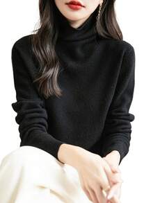 Women's 100% Merino Wool Seamless Turtleneck Long Sleeve Knit Sweater - Black - View 3