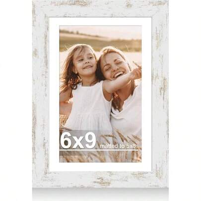 6x9 Picture Frame With Glass, Display Pictures 5x8 With Or 6x 9 Without - Wall And Tabletop, 6 By 9 Photo Wooden Frames Distressed White, 1 Pack