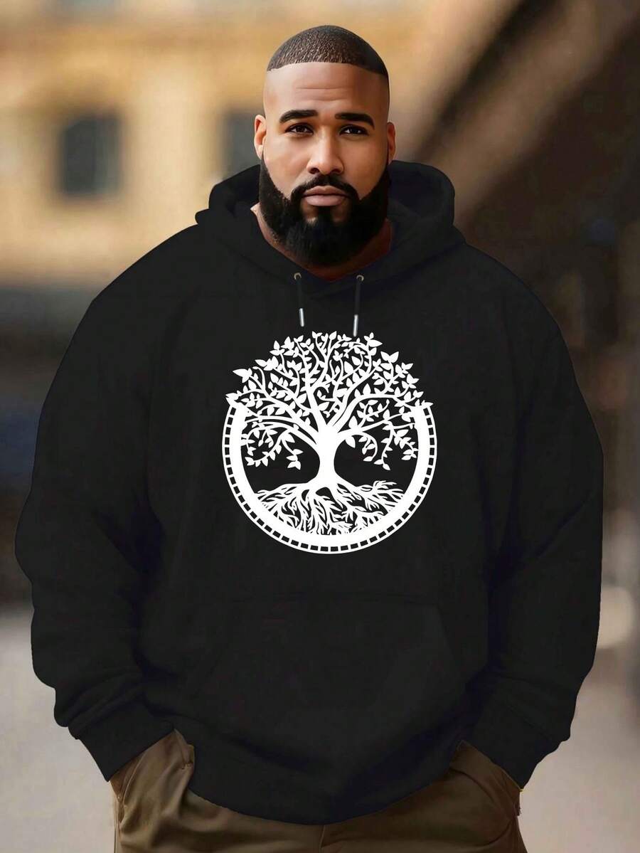 1 pieza Sudadera Casual para Hombre, Impresión del Árbol de la Vida, Tejido de Poliéster, Ajuste Regular, Cordón, Diseño de Patrón de Letras, Adecuada para Todas las Estaciones - Negro - Ver 1