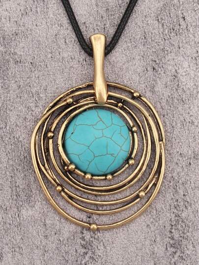 1pc Black Wax Cord, Teal Resin Stone & Alloy Sweater Chain Necklace For Women, Fashion Luxury Long Necklace, Daily Accessory & Holiday Gift