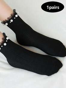 1 Pair Of Women's Lace-Edged Pearl Mid-Calf Socks, Fall Socks - Black - View 5