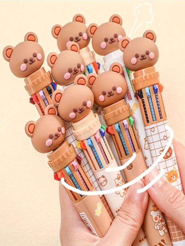 Cute Bear 10-In-1 Multi-Color Ballpoint Pen Set, Push-Type Retractable Pen, Ten-Color Push-Type Ballpoint Pen, Colorful Ballpoint Pen, Plastic Material, No Battery Required, Various Colors Suitable For Ages 14+, Daily Planning Writing Tools, Learning Stationery (Random Delivery)