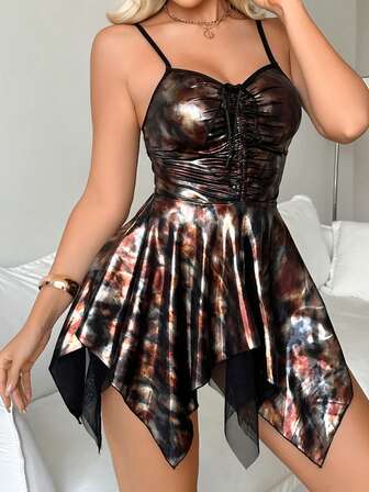 2件套全新女式锡箔印花性感内衣抽绳吊带睡衣