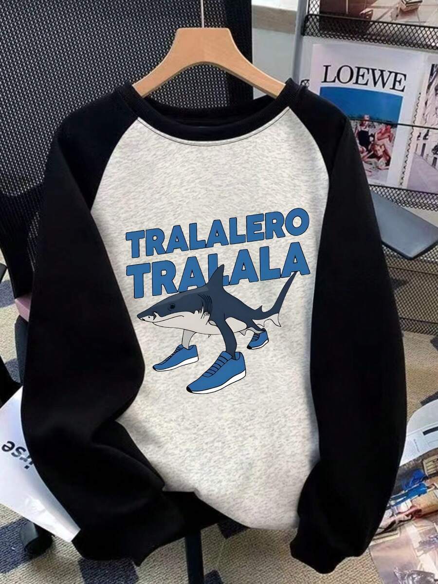 Tween Boy Sharks And Simple Leisure Slogans Pattern Black And Gray Contrast Shoulder Long Sleeve Cartoon Print T-Shirt Autumn And Winter New Boy - Grey - View 1