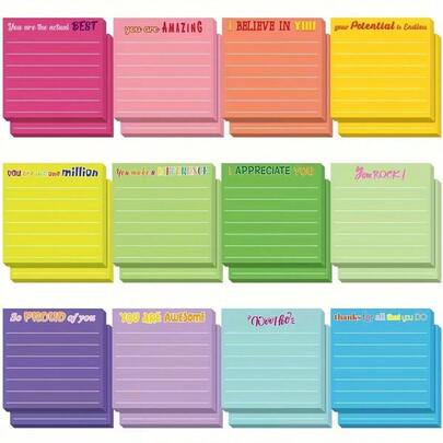12pcs/Set 12-Color Horizontal Line Sticky Notes, Multicolor Motivational Quotes & Macaron Index Notebook