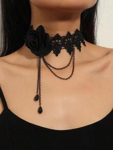 1pc New Arrival European & American Style Teardrop Gold Lace Necklace, Versatile Choker For Women - White - View 6