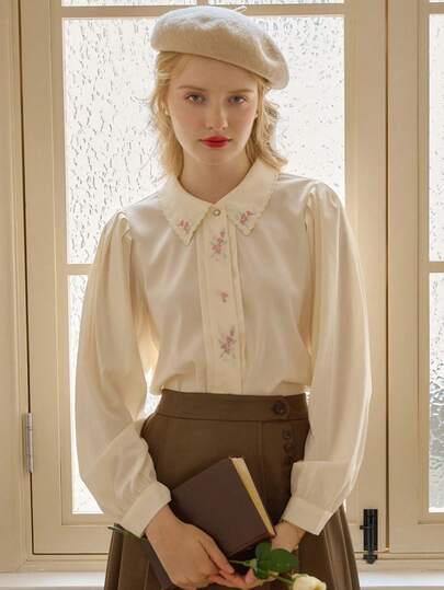 Simple Retro Women Heart Embroidered Collar Long Sleeve Shirt Pink Blouse Top