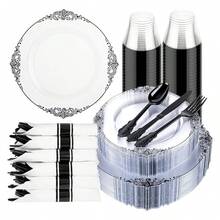 Clear Black Plastic Plates - 175pc Disposable Dinnerware Set For 25 Guests - As Picture/G - View 1