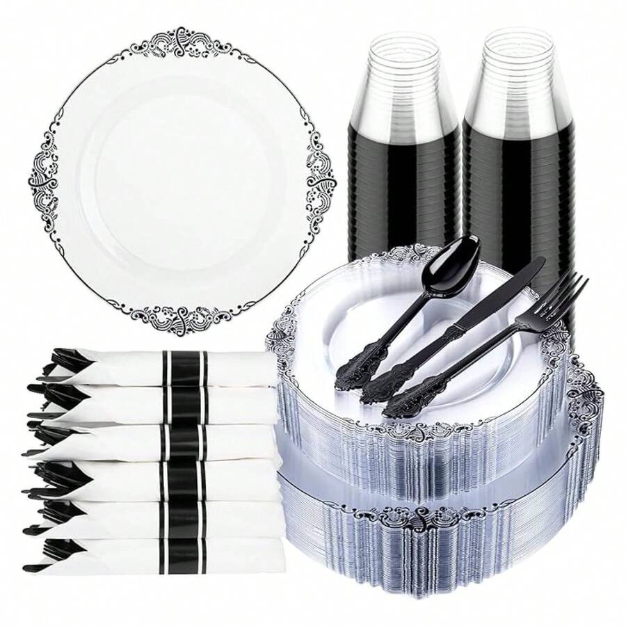 Clear Black Plastic Plates - 175pc Disposable Dinnerware Set For 25 Guests - As Picture/G - View 1