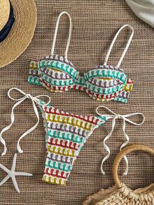 Women's Colorful Textured Fabric Bikini Set, With Patterned Lining Top And Tie-Up Bottom, Suitable For Summer Beach Vacation - Multicolor - View 5